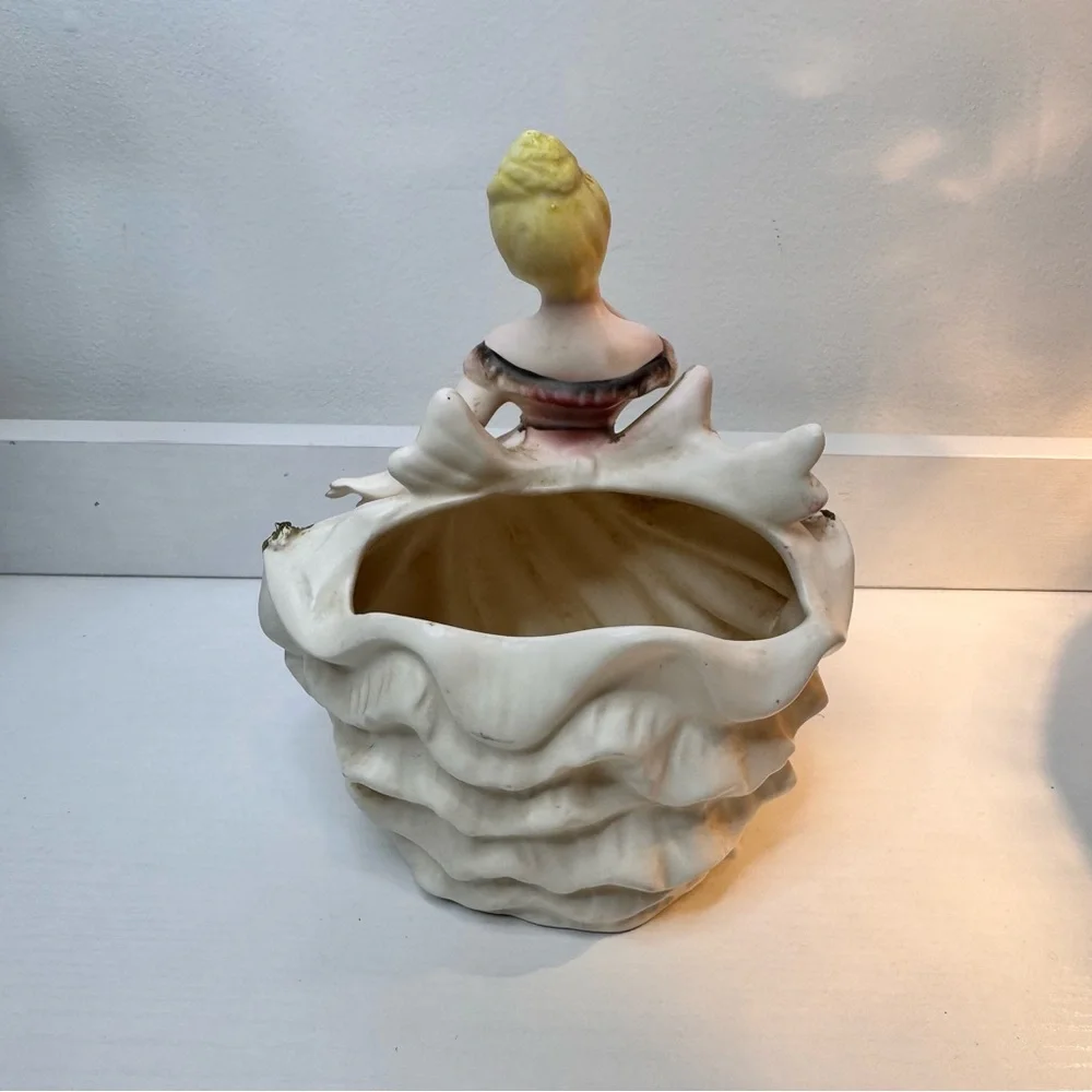 vintage ceramic figurine of a lady in a ball gown vanity storage